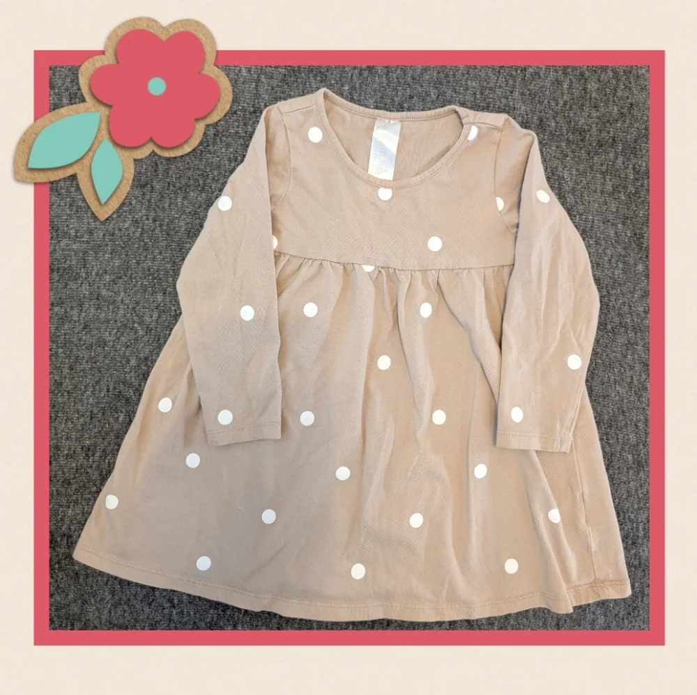 Neutral Tan And White Polkadot Long Sleeve Dress